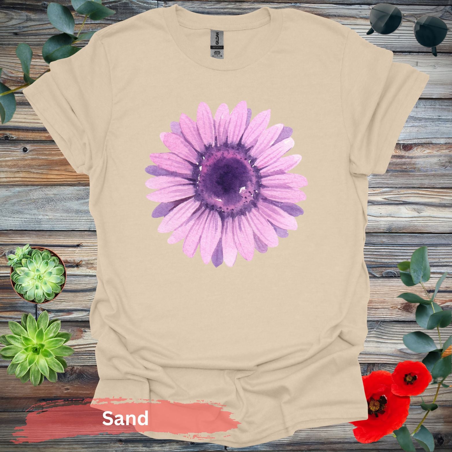 Purple Watercolor Flower T-shirt - S / Sand - Physical Item