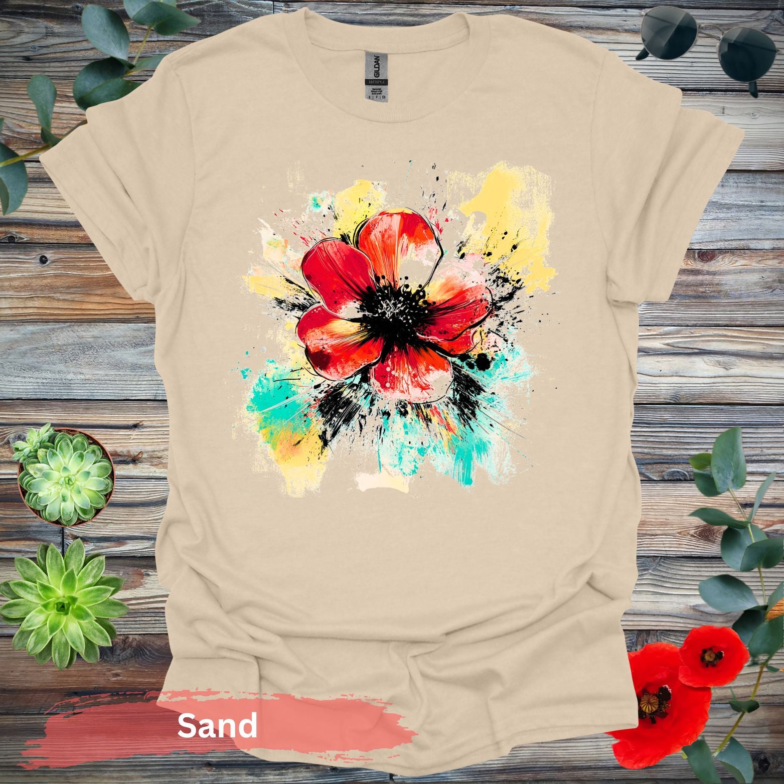 Vivid abstract daisy Graphic T-shirt - S / Sand - Physical Item