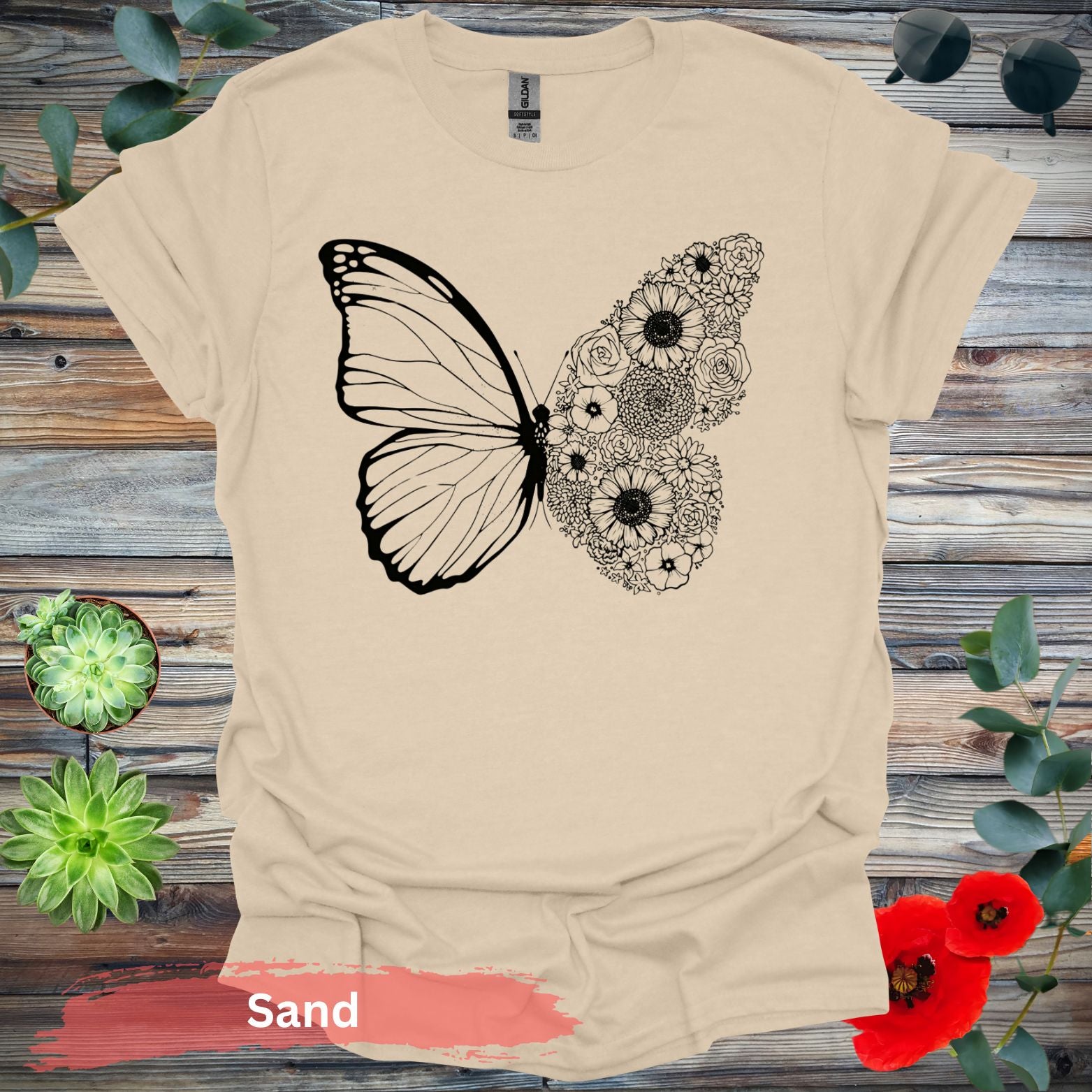 Floral and Butterfly T-Shirt - S / Sand - Physical Item