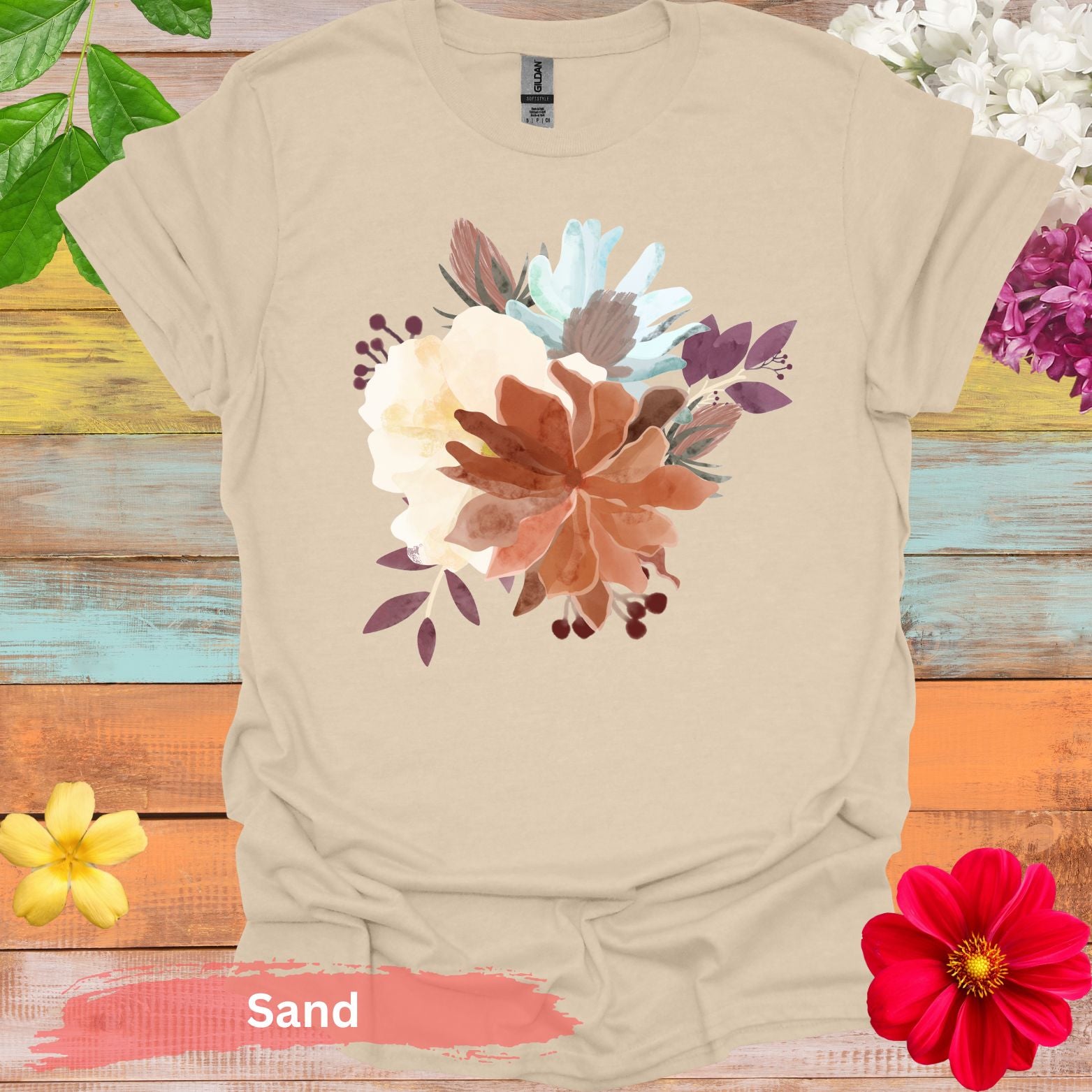 Colorful Floral Bouquet Design Graphic T-Shirt - S / Sand - Physical Item