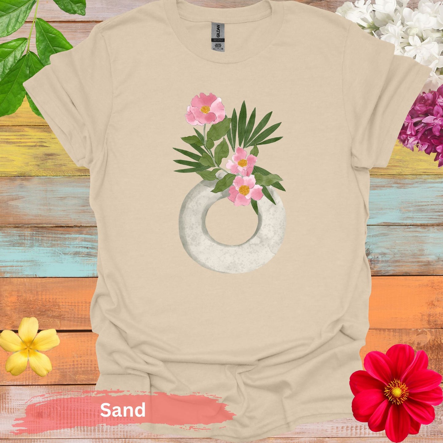 Watercolor Ikebana Camellia Floral T-Shirt - S / Sand - Physical Item