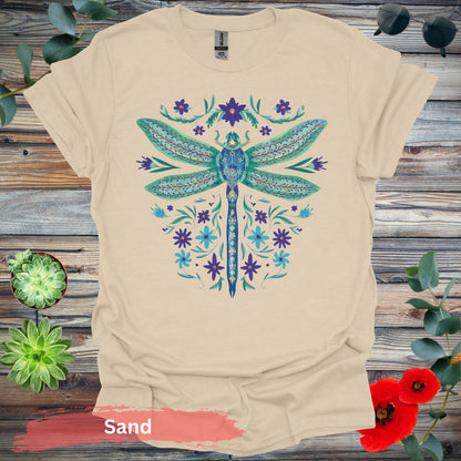 Dragonfly and Floral Graphic T-Shirt - S / Sand - Physical Item