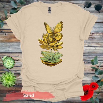 Steampunk-inspired Butterfly and Lotus T-Shirt - S / Sand - Physical Item