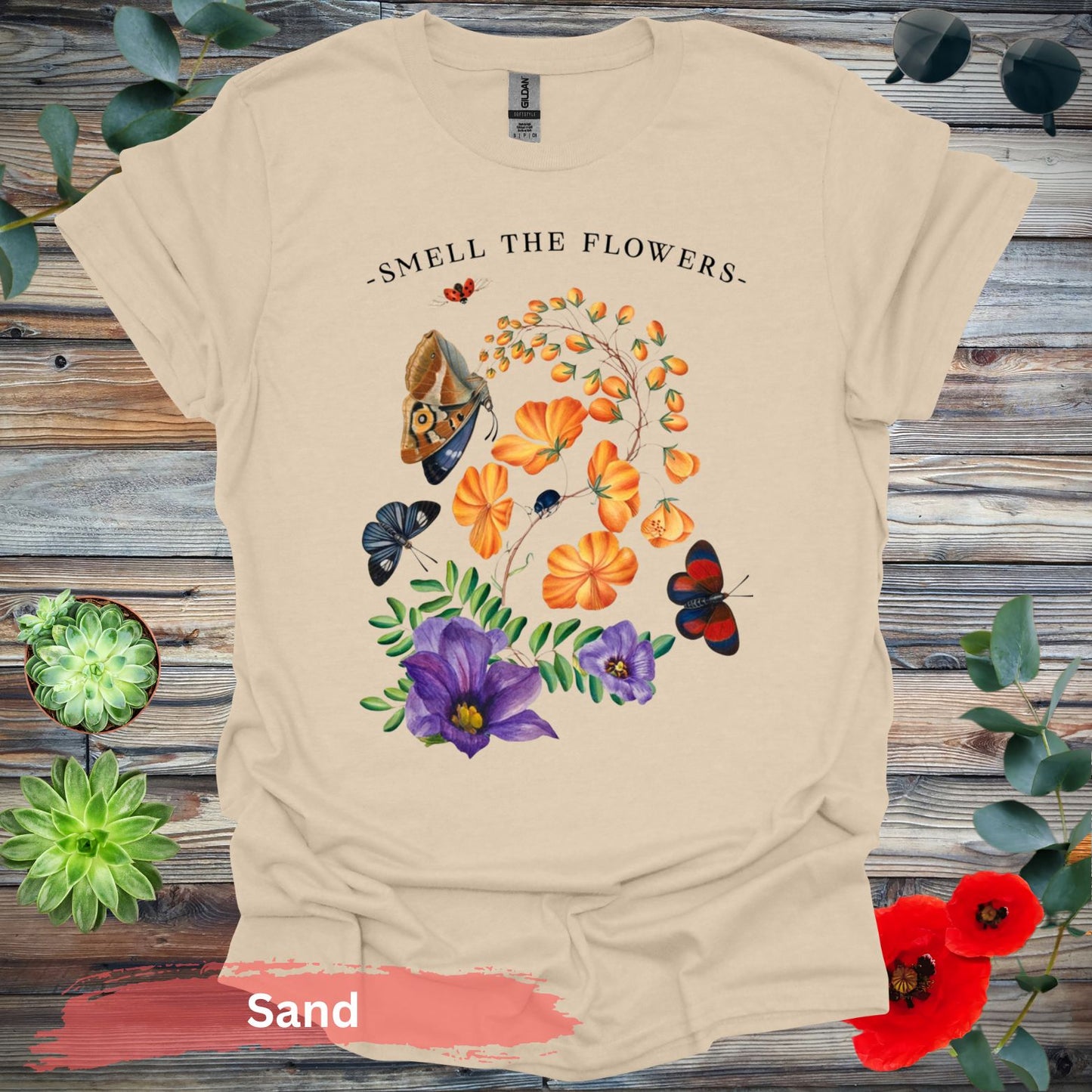 Smell The Flowers Colorful Butterfly T-Shirt - S / Sand - Physical Item