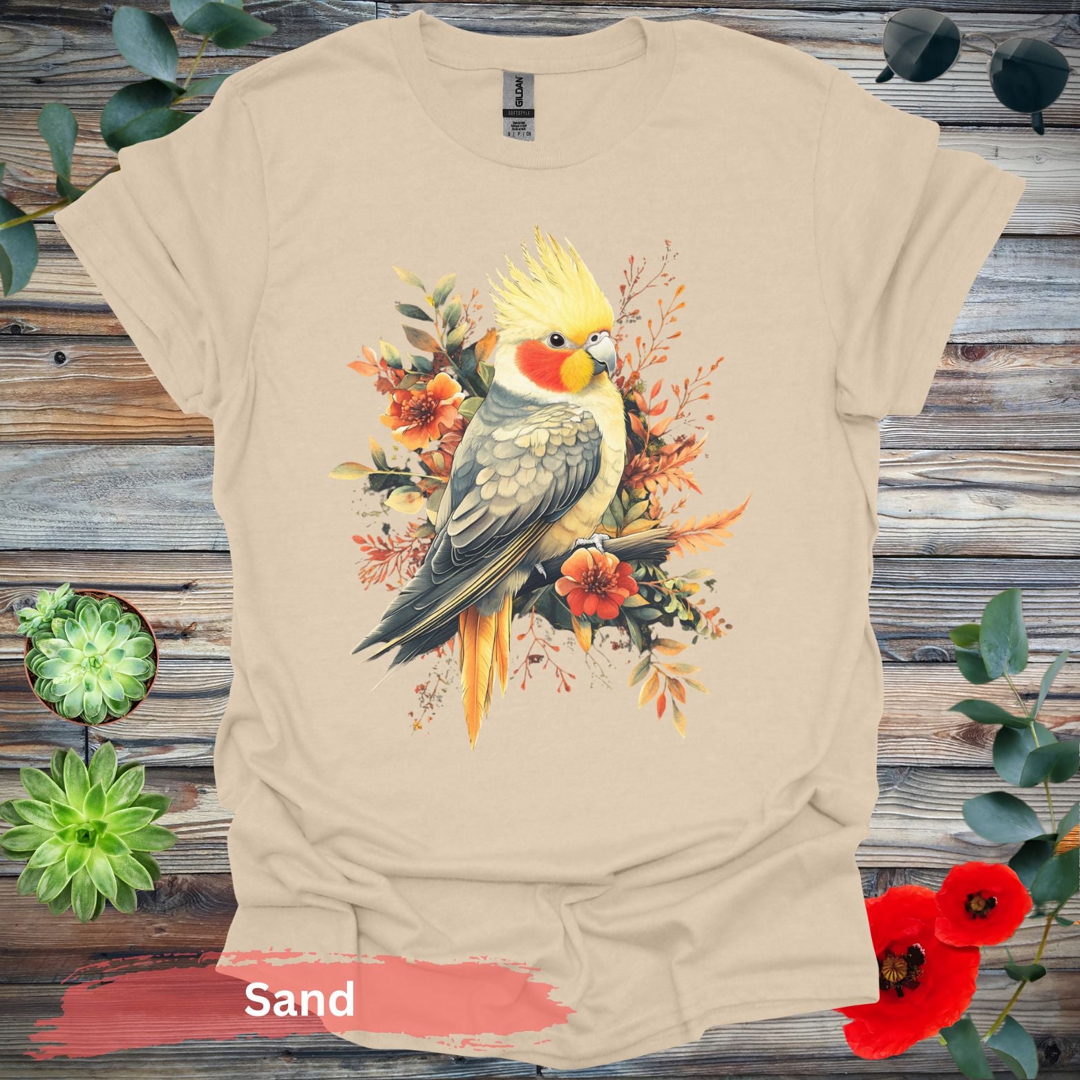 Vibrant Cockatiel and Floral Design T-Shirt - S / Sand - Physical Item