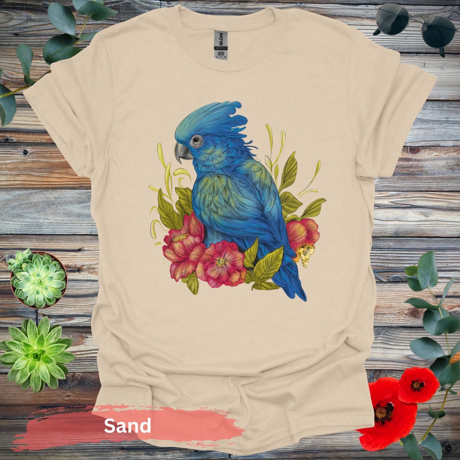 Blue Parrot With Red Flowers T-Shirt - S / Sand - Physical Item