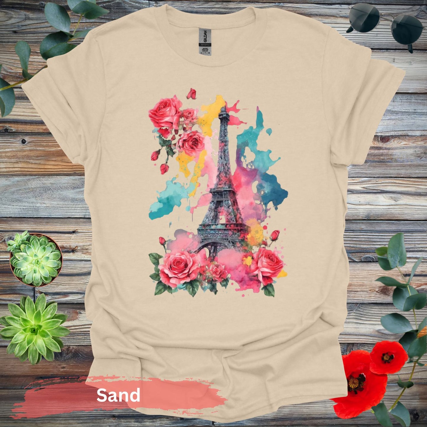 Eiffel Tower and Roses T-Shirt - S / Sand - Physical Item