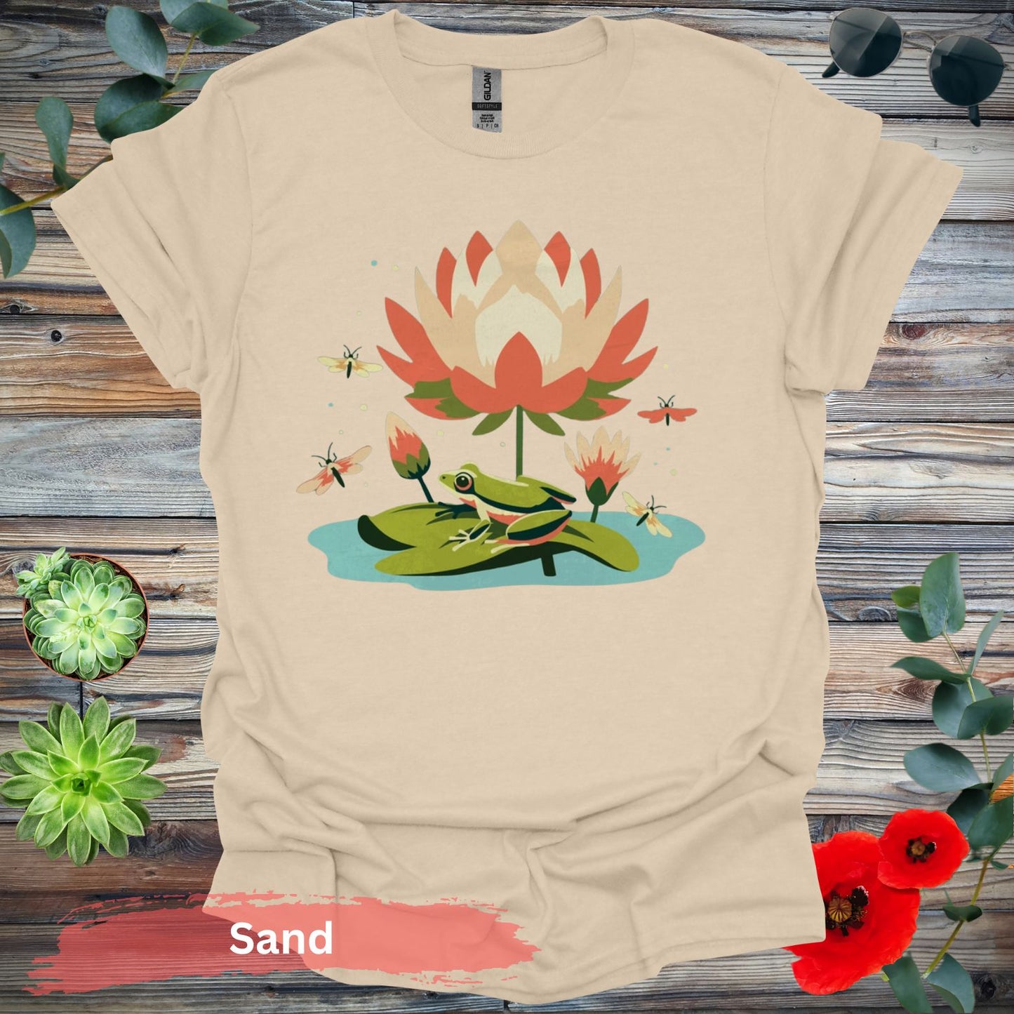 Frog on Lily Pad T-Shirt - S / Sand - Physical Item