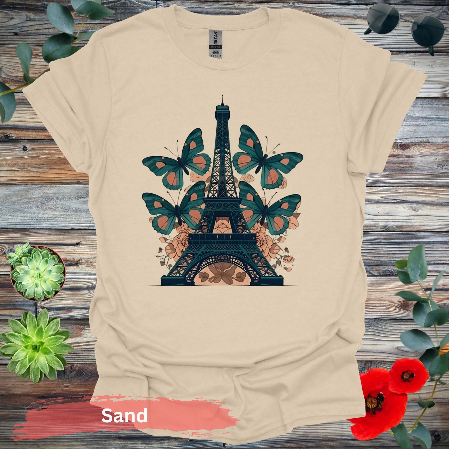 Eiffel Tower with Butterflies T-Shirt - S / Sand - Physical Item