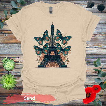 Eiffel Tower with Butterflies T-Shirt - S / Sand - Physical Item