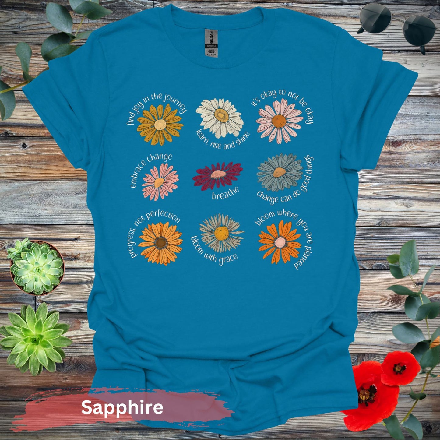 Inspirational Floral T-Shirt - S / Sapphire - Physical Item