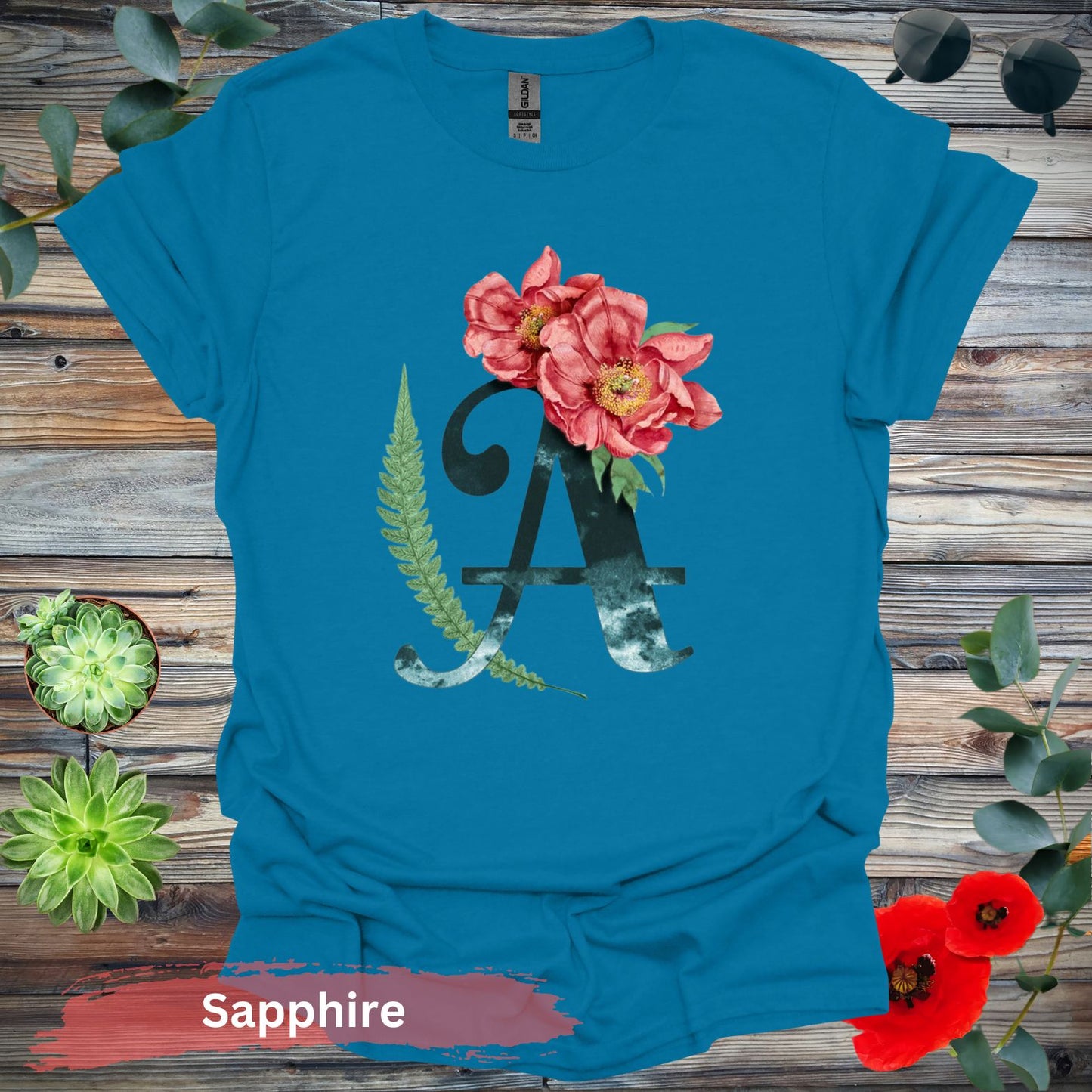 Floral Letter A T-shirt - S / Sapphire - Physical Item