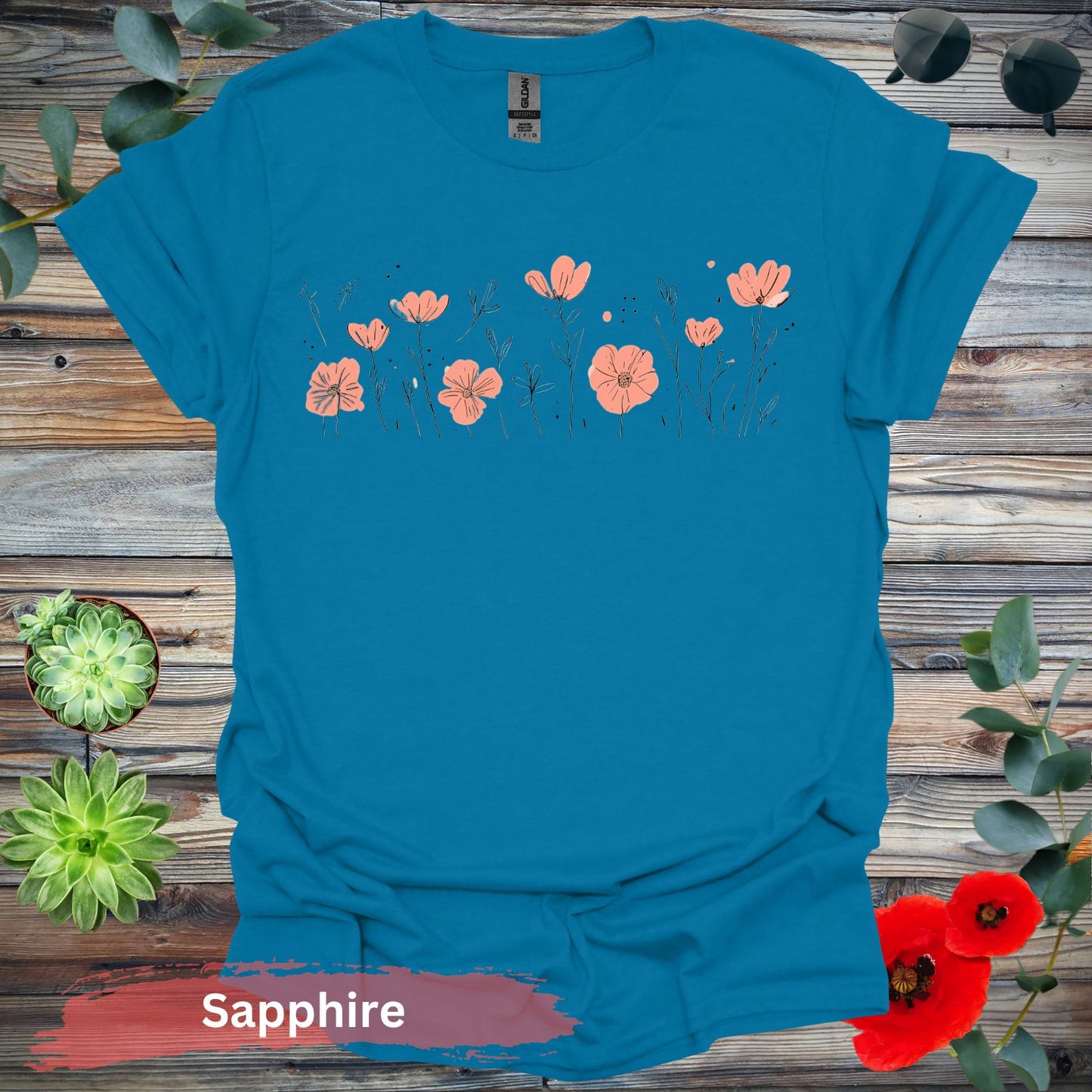 Orange Flowers Line Art T-Shirt - Physical Item