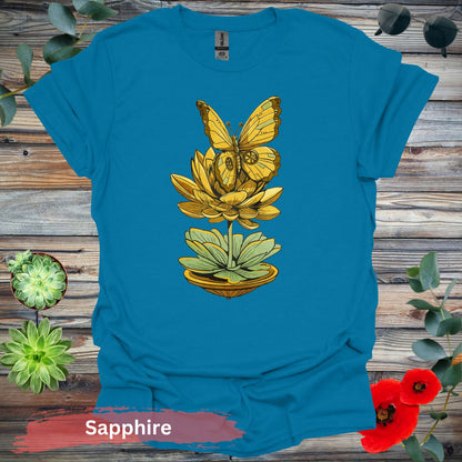 Steampunk-inspired Butterfly and Lotus T-Shirt - S / Sapphire - Physical Item