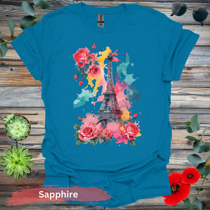 Eiffel Tower and Roses T-Shirt - S / Sapphire - Physical Item