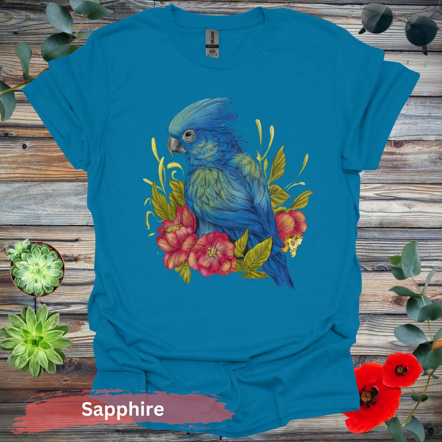 Blue Parrot With Red Flowers T-Shirt - S / Sapphire - Physical Item