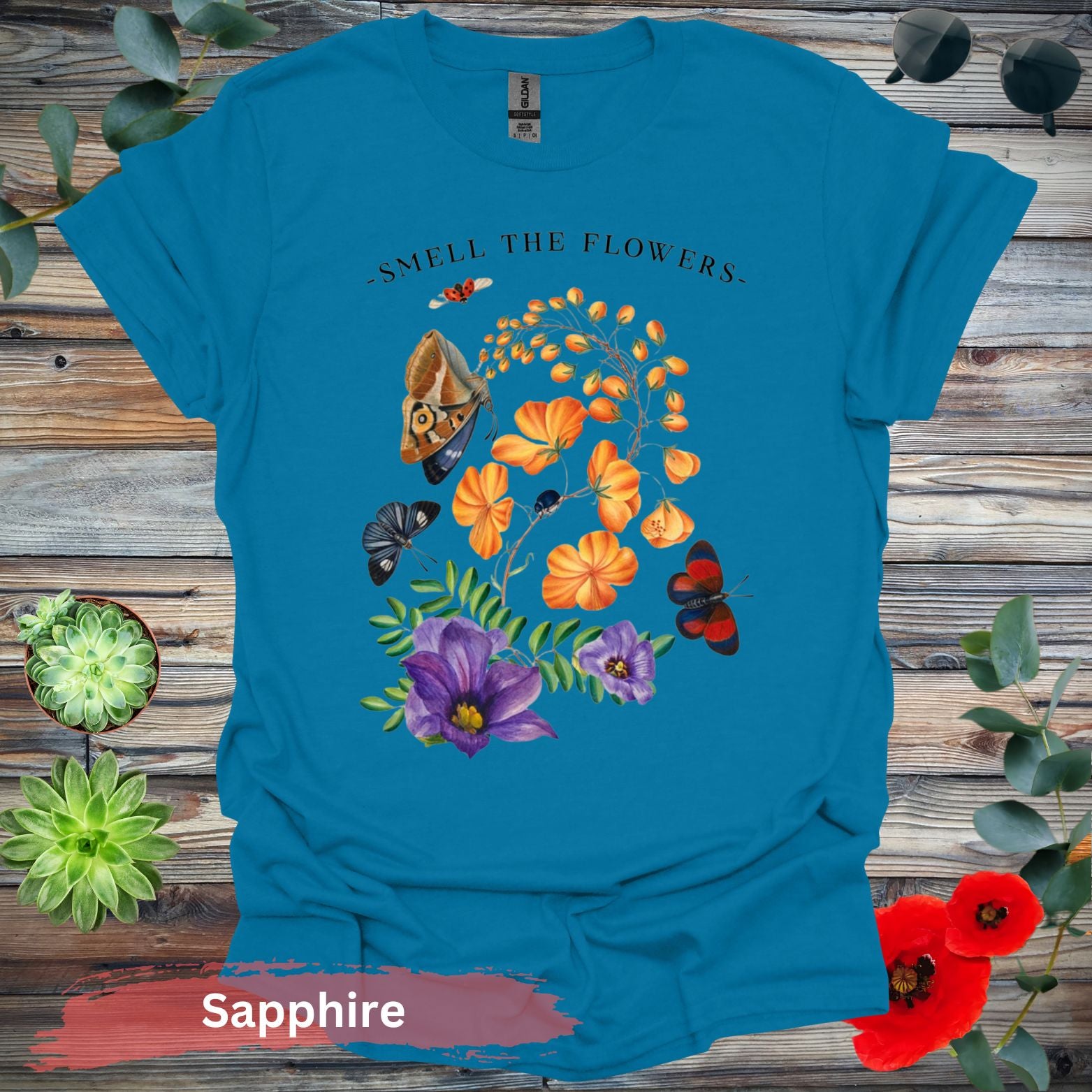 Smell The Flowers Colorful Butterfly T-Shirt - S / Sapphire - Physical Item