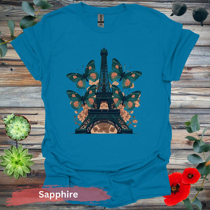 Eiffel Tower with Butterflies T-Shirt - S / Sapphire - Physical Item