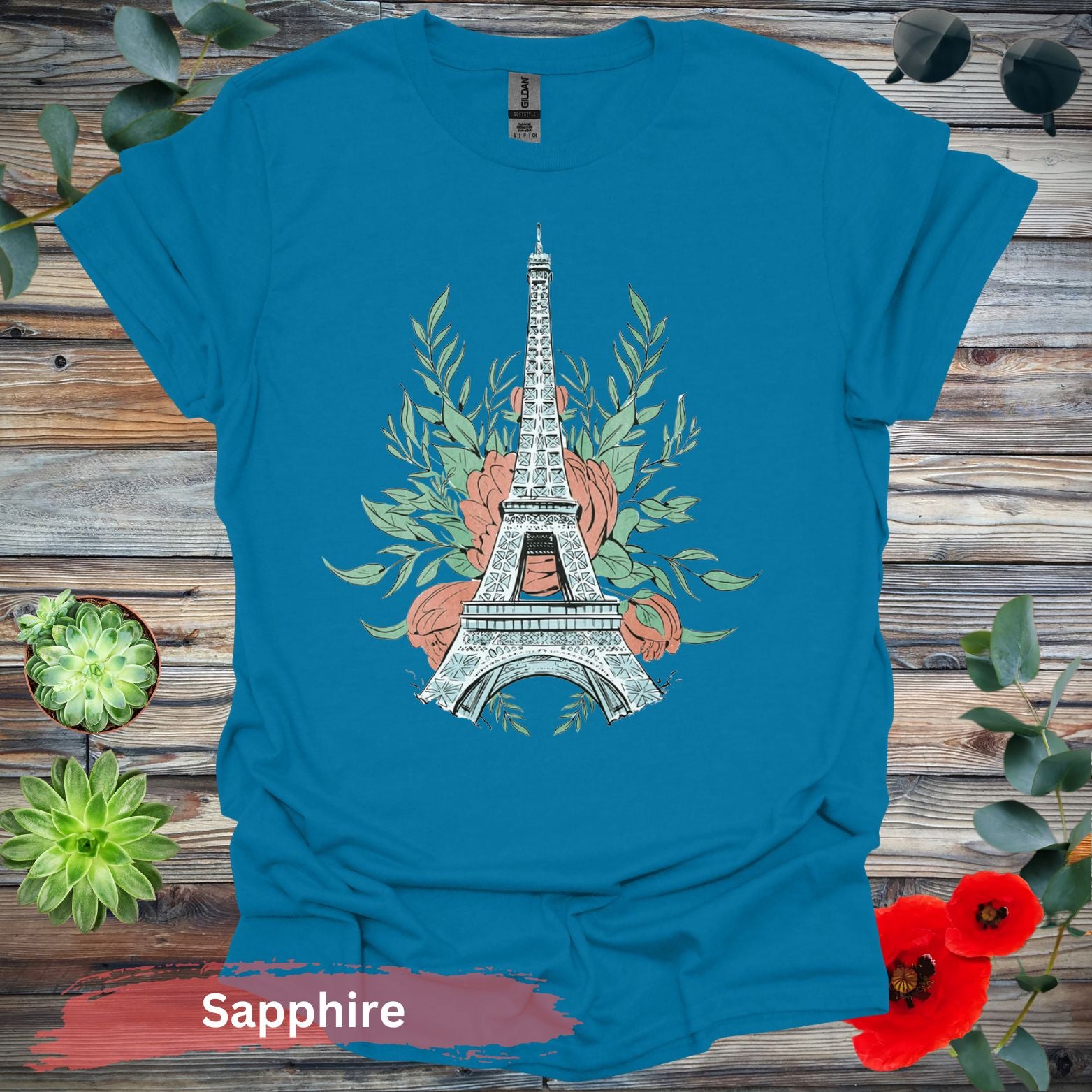 Eiffel Tower and Floral Design Graphic T-Shirt - S / Sapphire - Physical Item