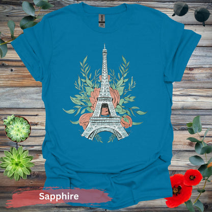 Eiffel Tower and Floral Design Graphic T-Shirt - S / Sapphire - Physical Item