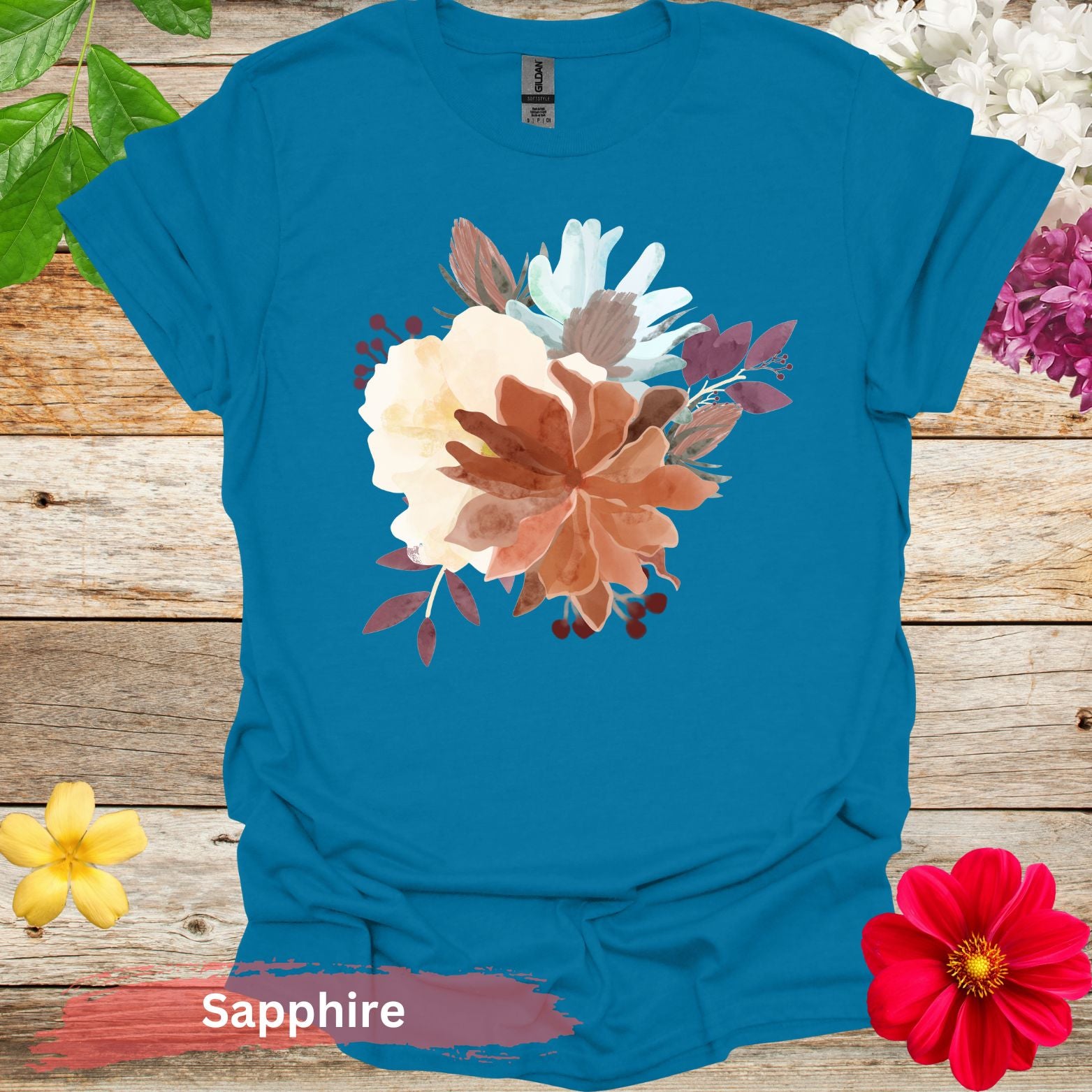 Colorful Floral Bouquet Design Graphic T-Shirt - S / Sapphire - Physical Item