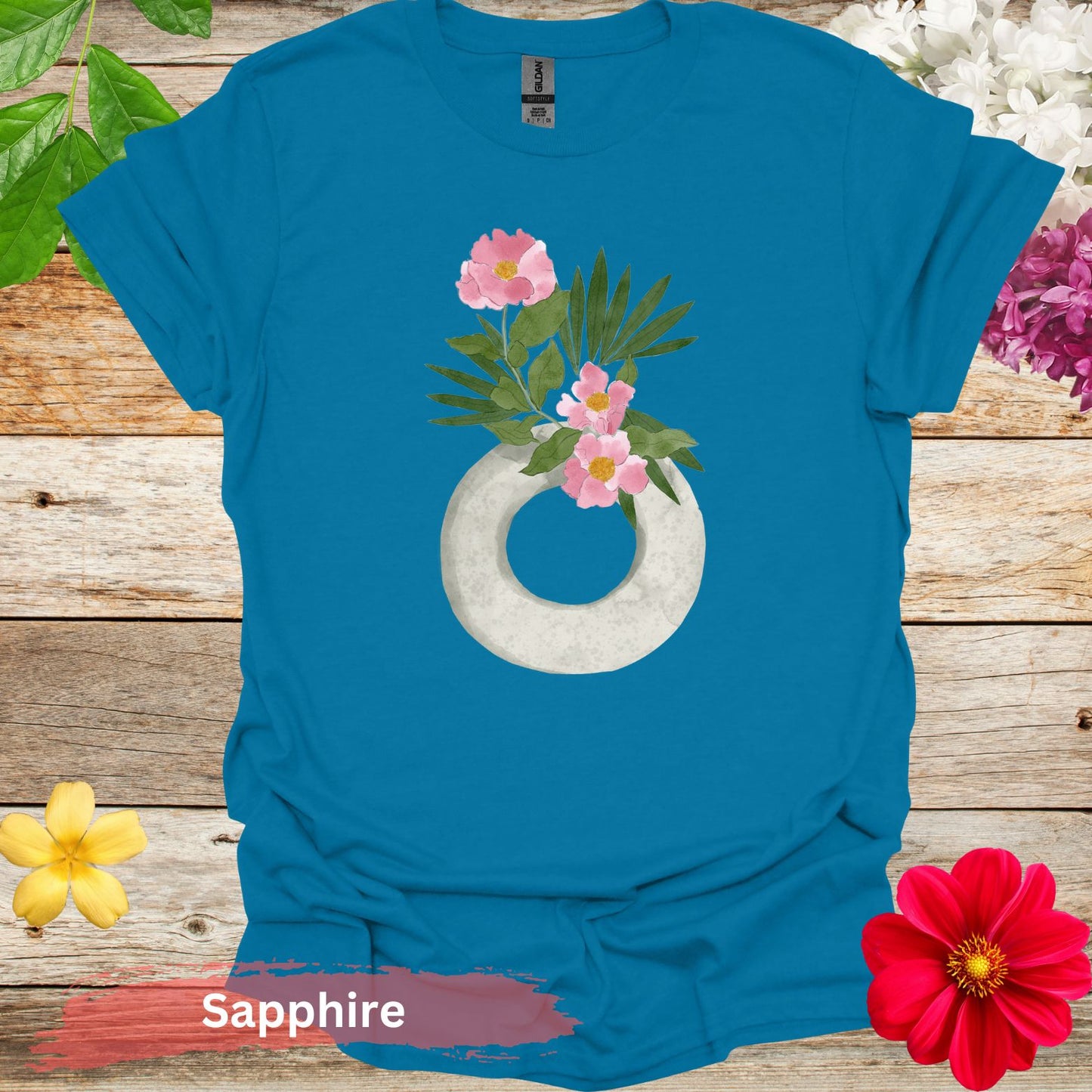 Watercolor Ikebana Camellia Floral T-Shirt - S / Sapphire - Physical Item