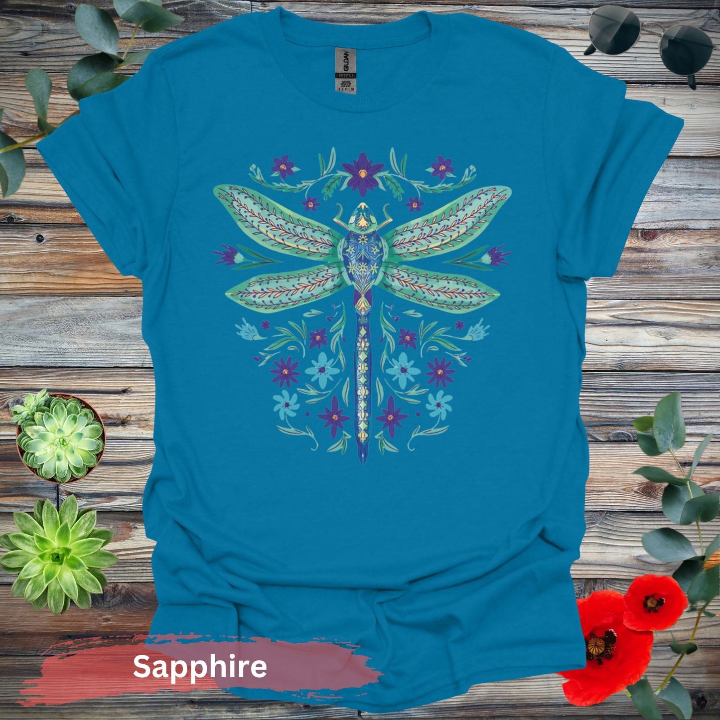 Dragonfly and Floral Graphic T-Shirt - S / Sapphire - Physical Item