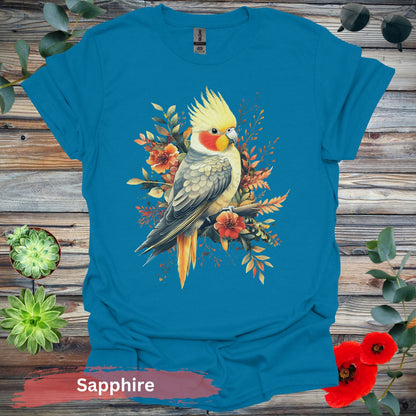 Vibrant Cockatiel and Floral Design T-Shirt - S / Sapphire - Physical Item