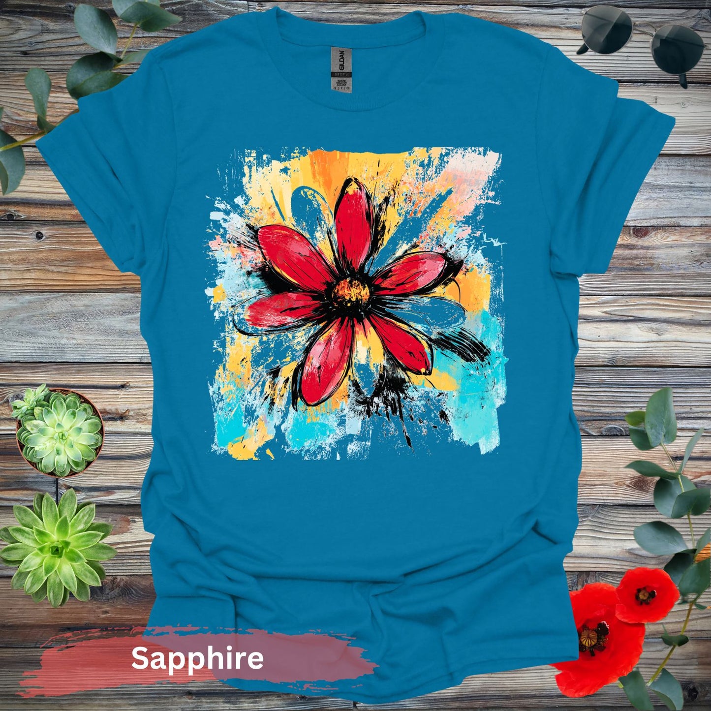 Vivid abstract daisy floral T-shirt - S / Sapphire - Physical Item