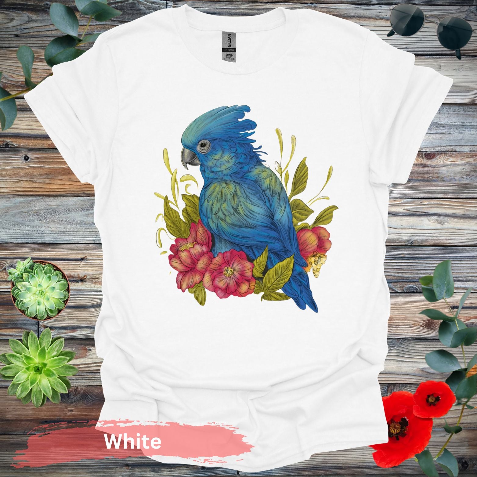 Blue Parrot With Red Flowers T-Shirt - S / White - Physical Item