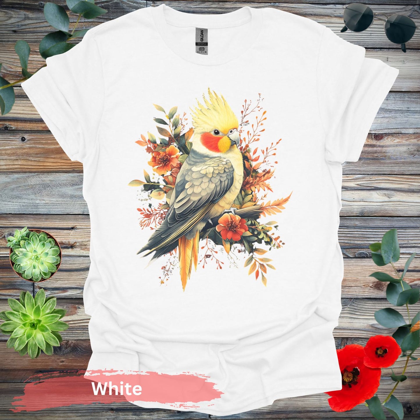 Vibrant Cockatiel and Floral Design T-Shirt - S / White - Physical Item