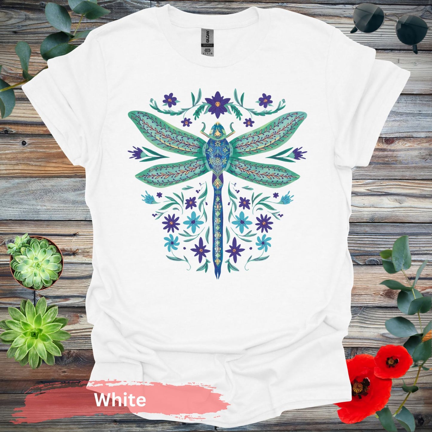 Dragonfly and Floral Graphic T-Shirt - S / White - Physical Item