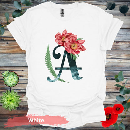 Floral Letter A T-shirt - S / White - Physical Item