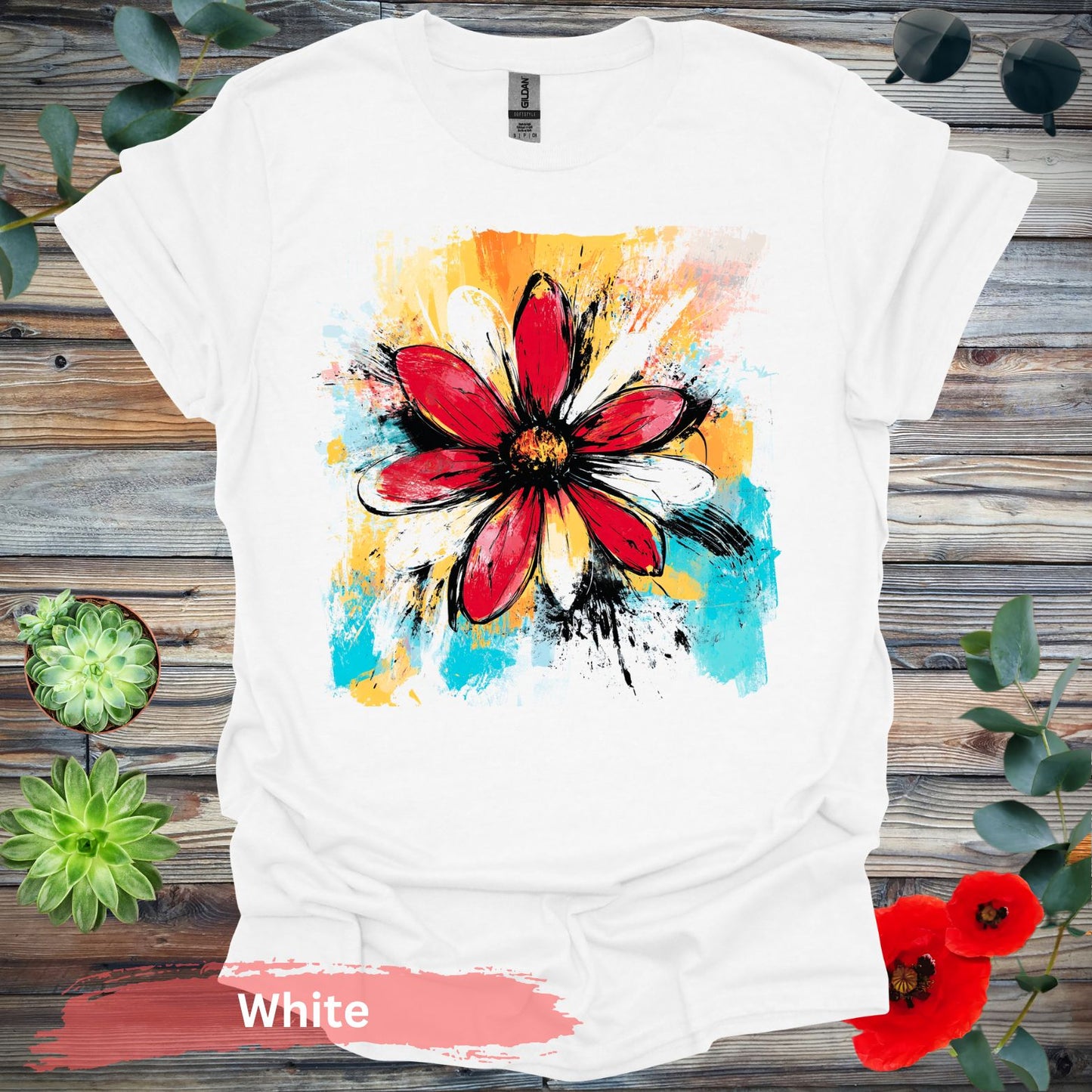 Vivid abstract daisy floral T-shirt - S / White - Physical Item