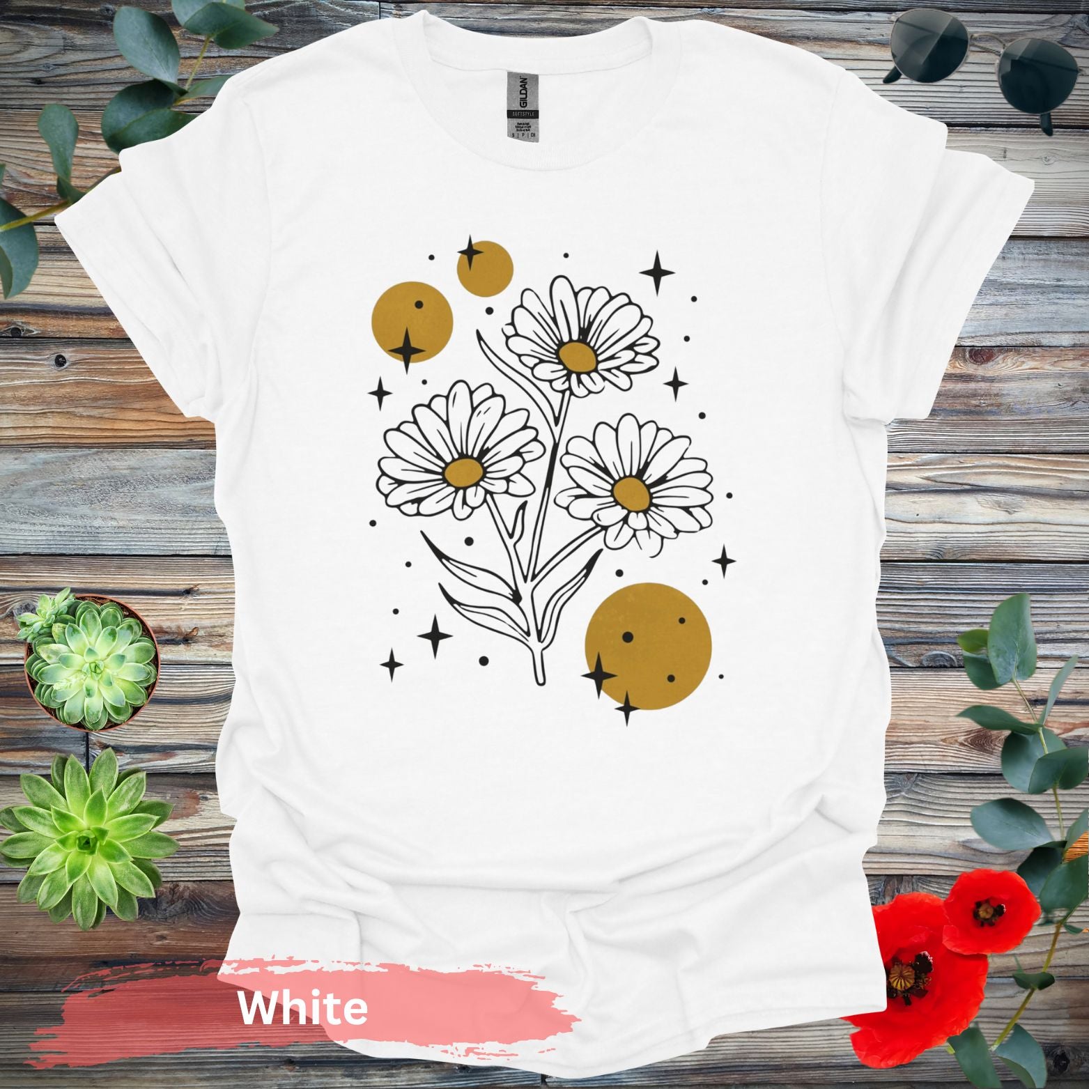 Daisy and Starburst Graphic Design T-Shirt - S / White - Physical Item