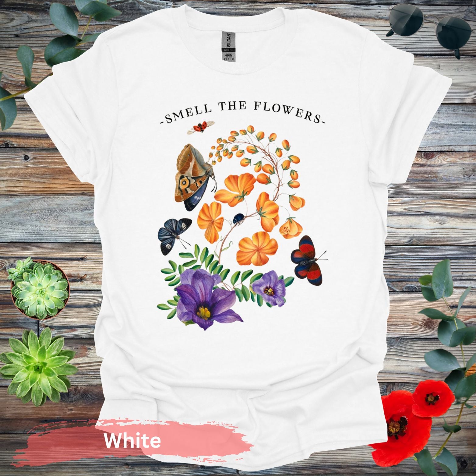 Smell The Flowers Colorful Butterfly T-Shirt - S / White - Physical Item