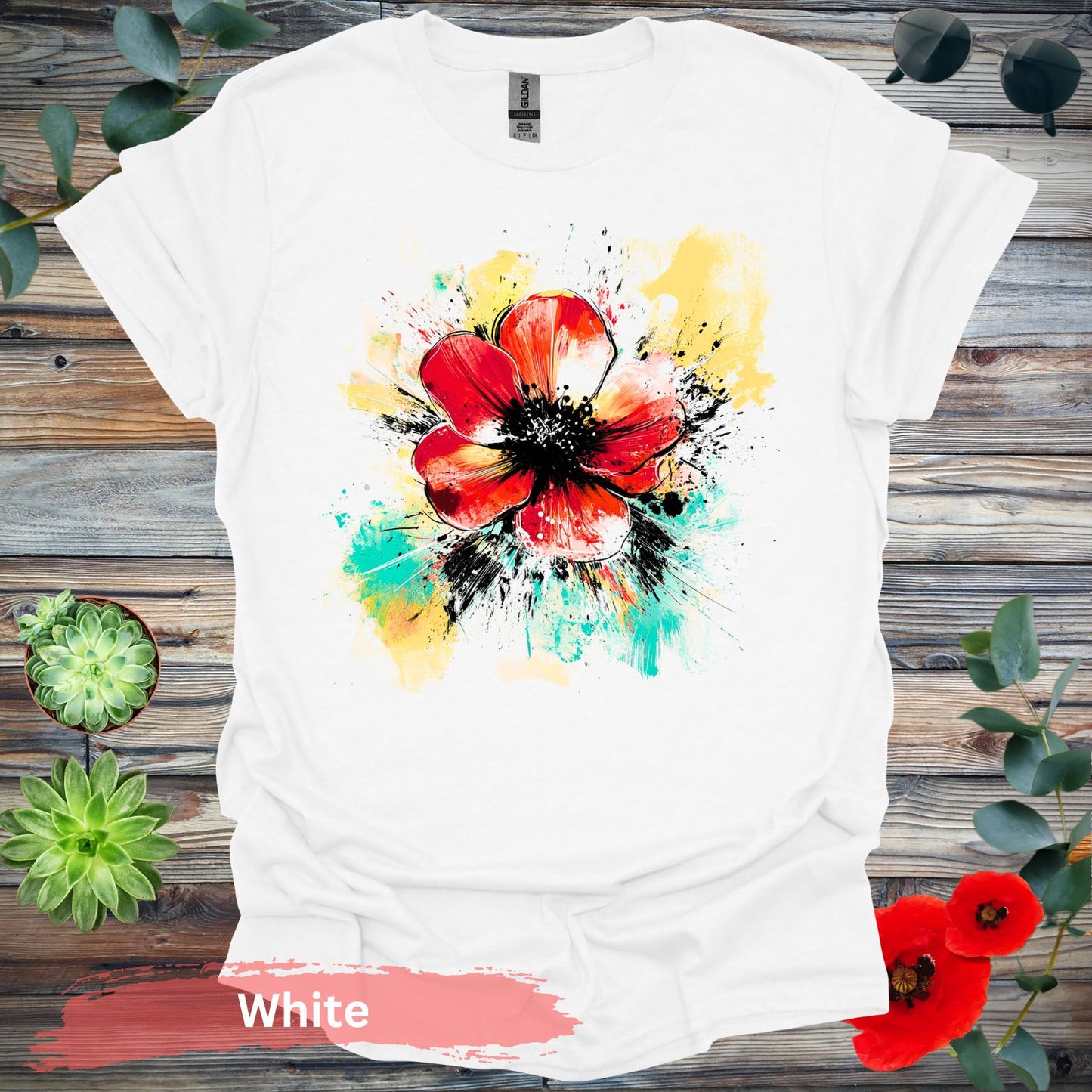 Vivid abstract daisy Graphic T-shirt - S / White - Physical Item