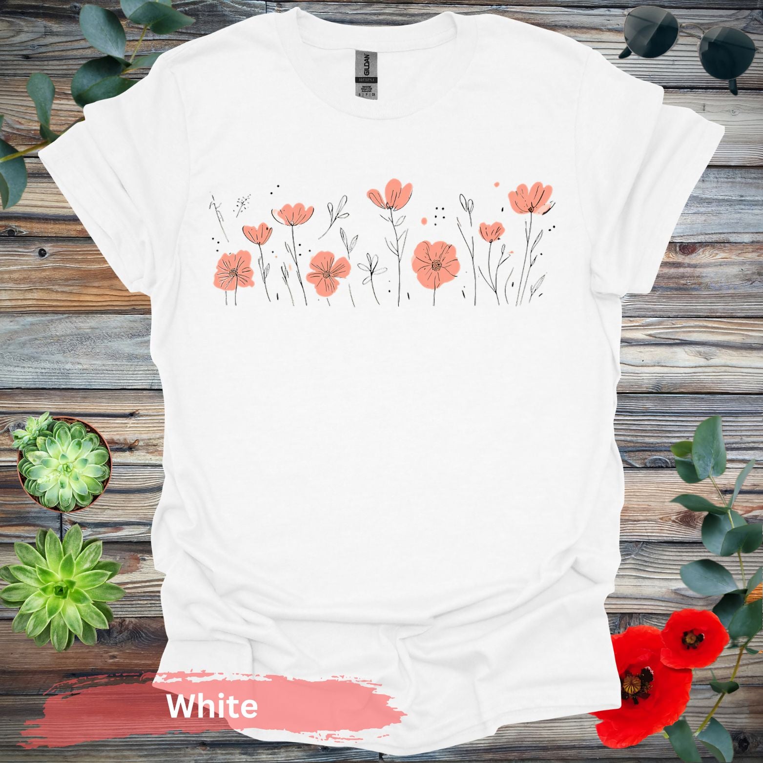 Orange Flowers Line Art T-Shirt - S / White - Physical Item