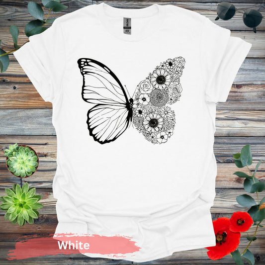 Floral and Butterfly T-Shirt - S / White - Physical Item