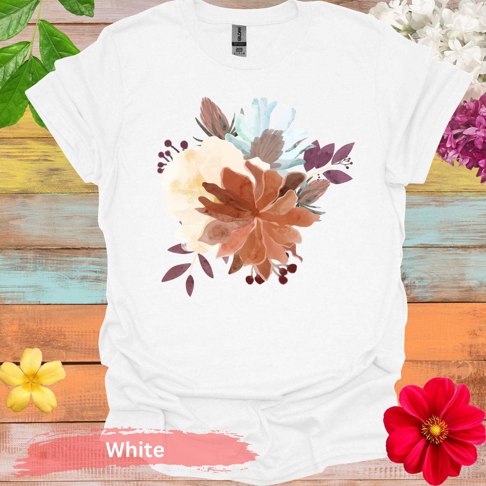 Colorful Floral Bouquet Design Graphic T-Shirt - S / White - Physical Item