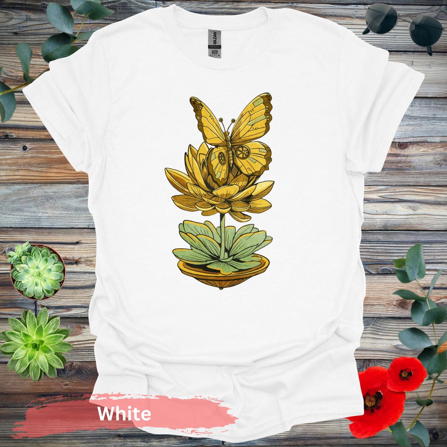 Steampunk-inspired Butterfly and Lotus T-Shirt - S / White - Physical Item