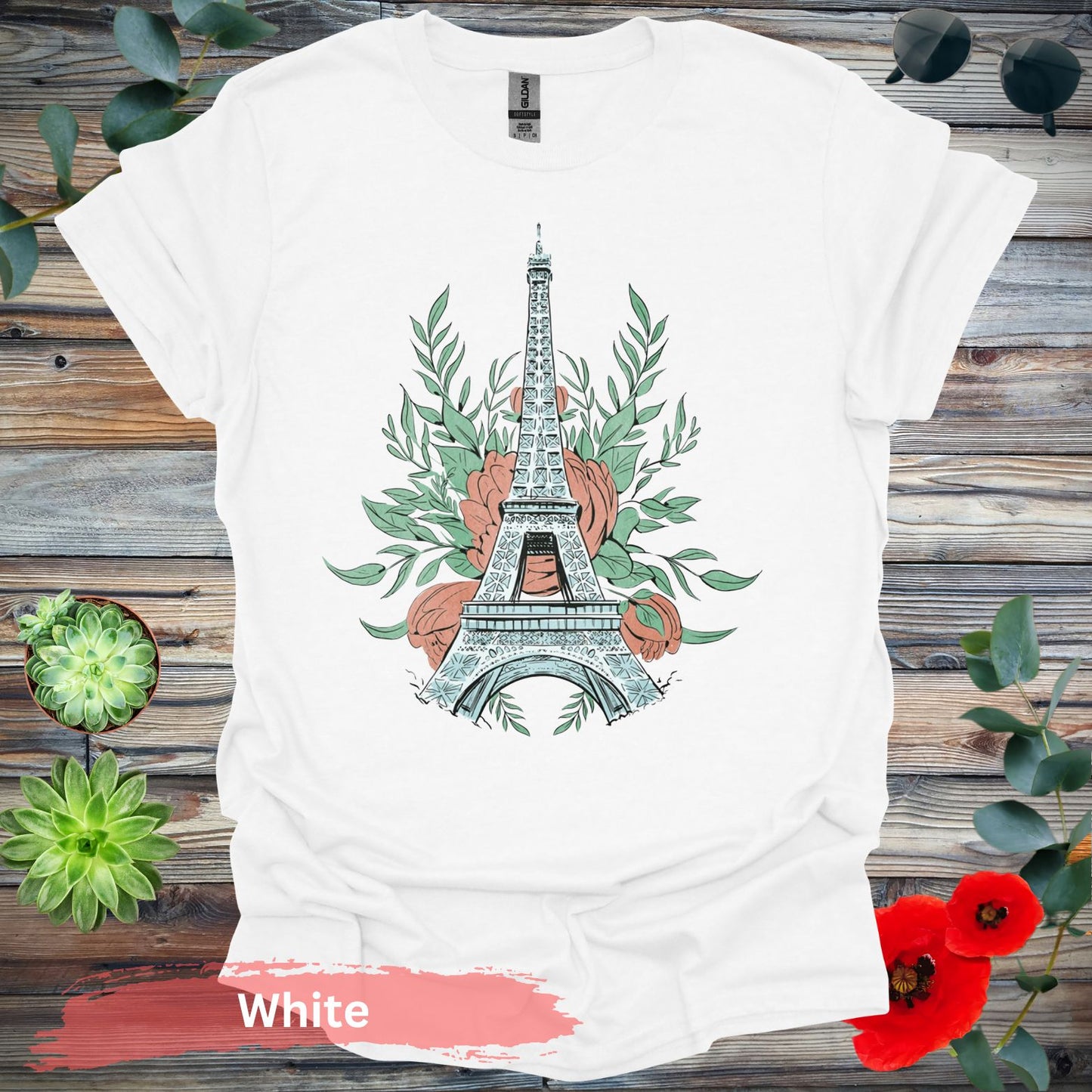 Eiffel Tower and Floral Design Graphic T-Shirt - S / White - Physical Item