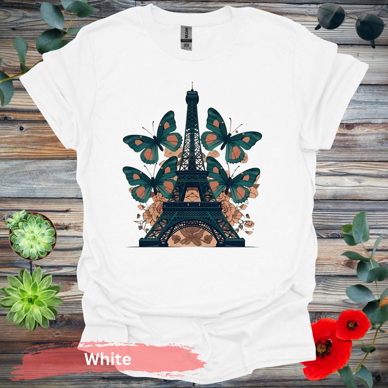 Eiffel Tower with Butterflies T-Shirt - S / White - Physical Item