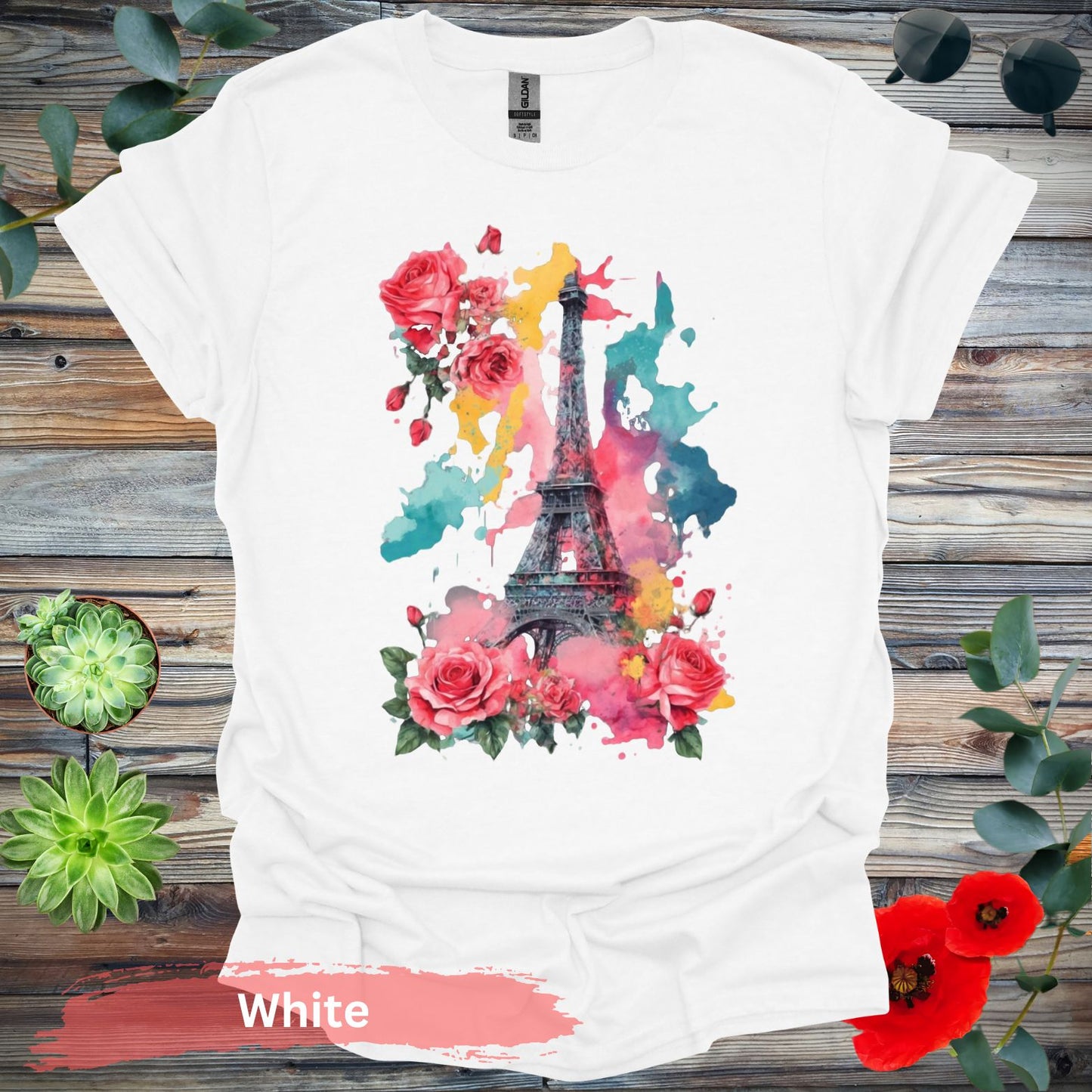 Eiffel Tower and Roses T-Shirt - S / White - Physical Item