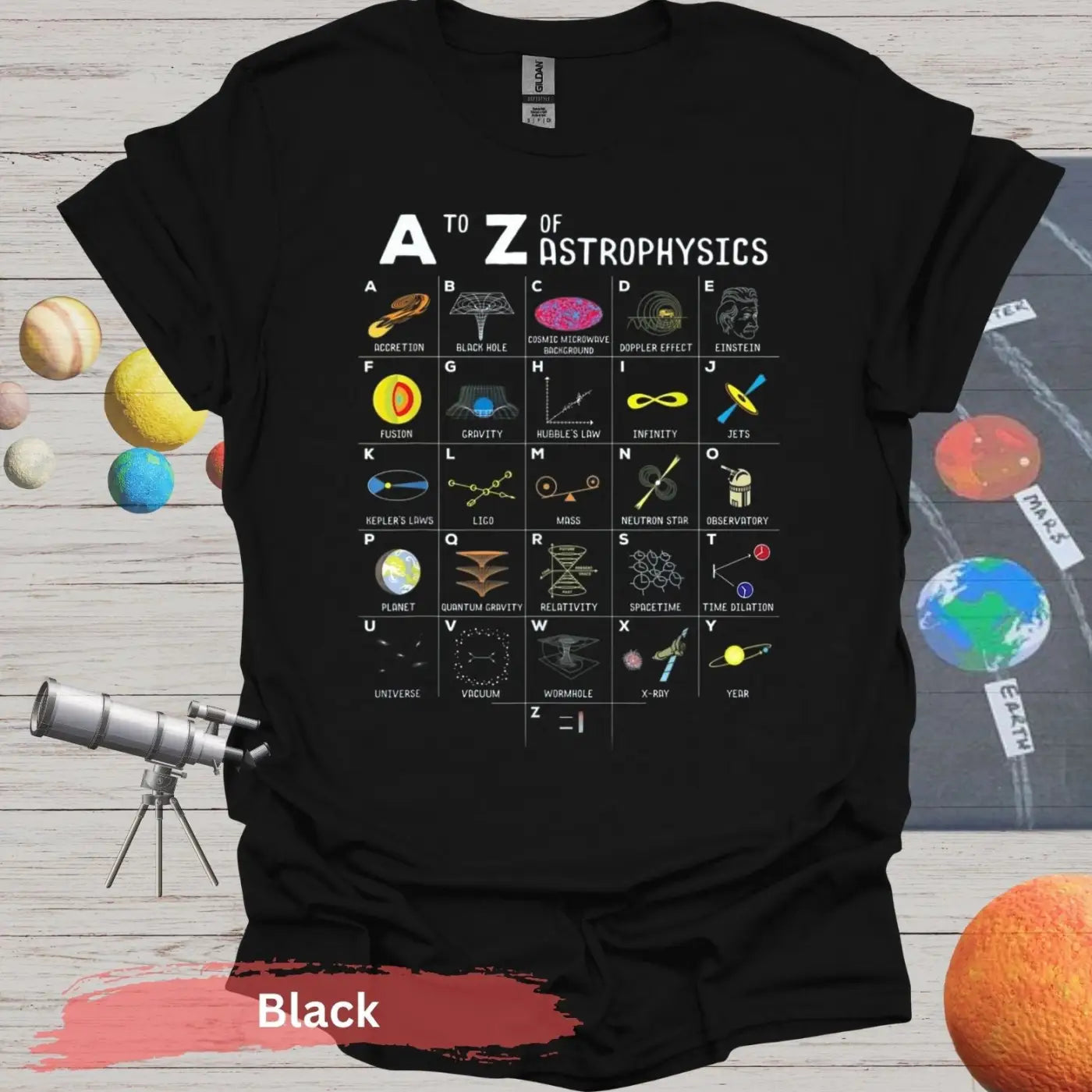 A to Z of Astrophysics T-shirt - S - Unisex / Black - Physical Item