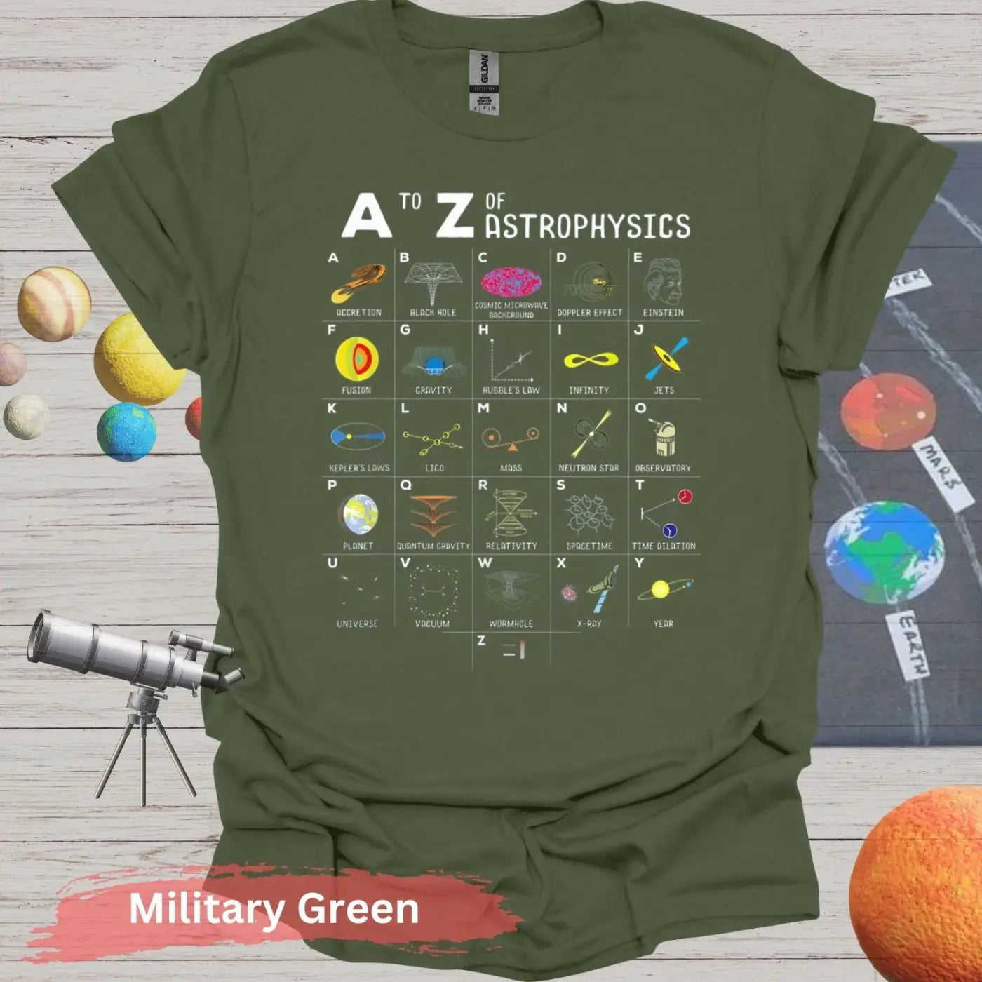 A to Z of Astrophysics T-shirt - S - Unisex / Military Green - Physical Item