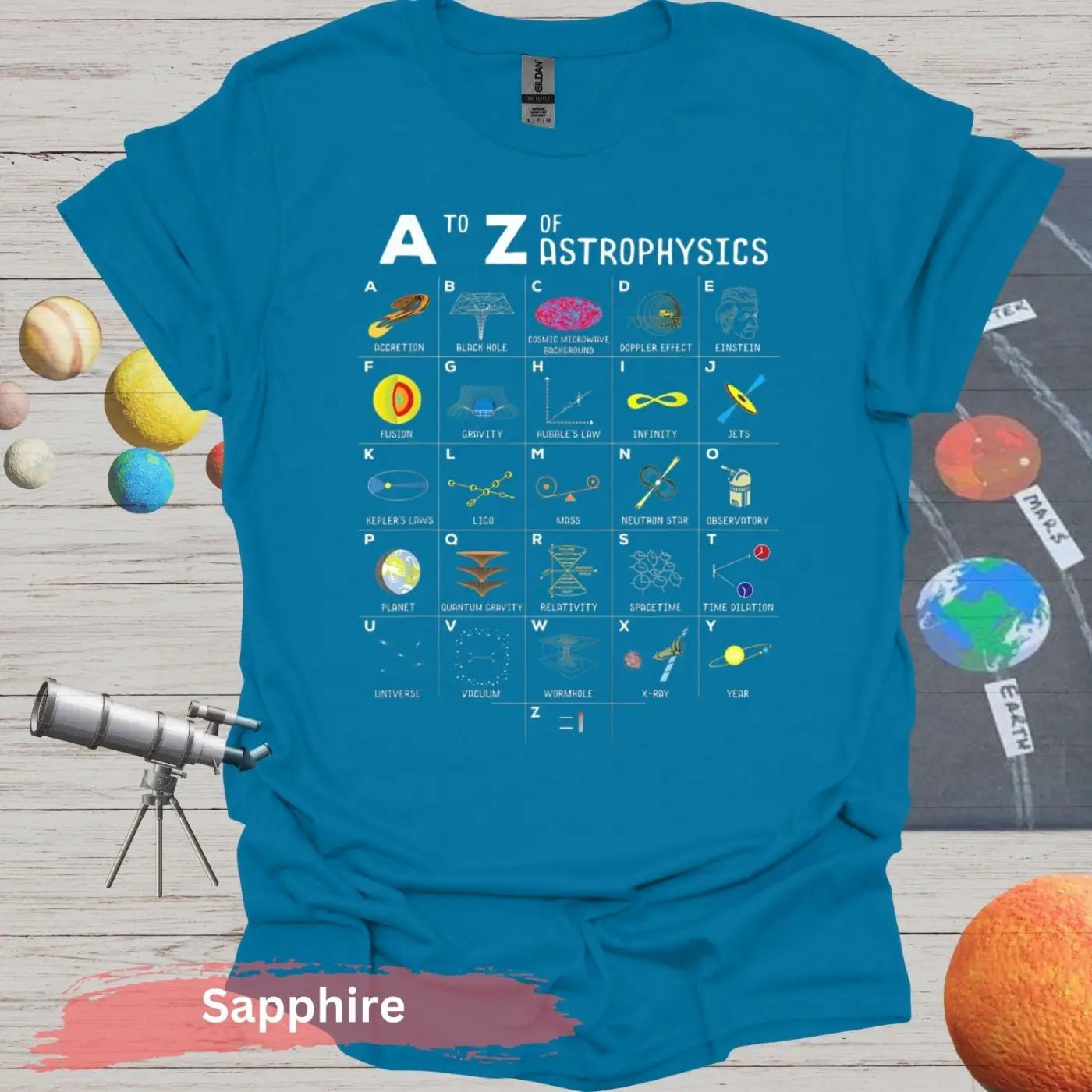 A to Z of Astrophysics T-shirt - S - Unisex / Sapphire - Physical Item