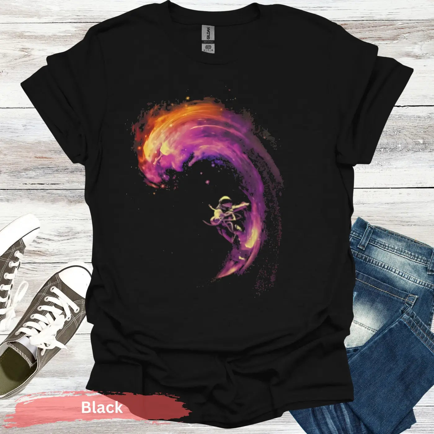 Abstract Wave & Humanoid T-Shirt - S / Black - Physical Item