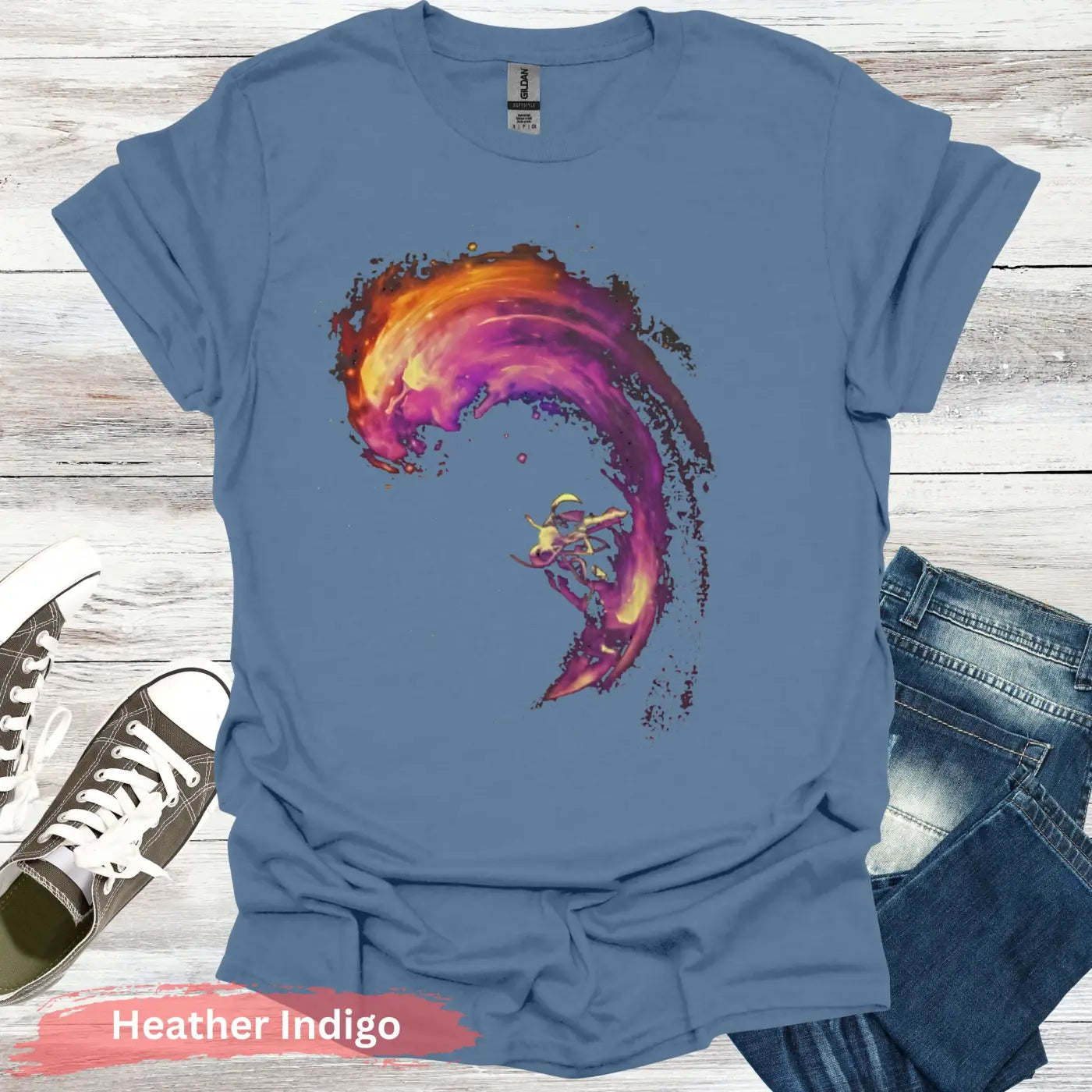 Abstract Wave & Humanoid T-Shirt - S / Heather Indigo - Physical Item