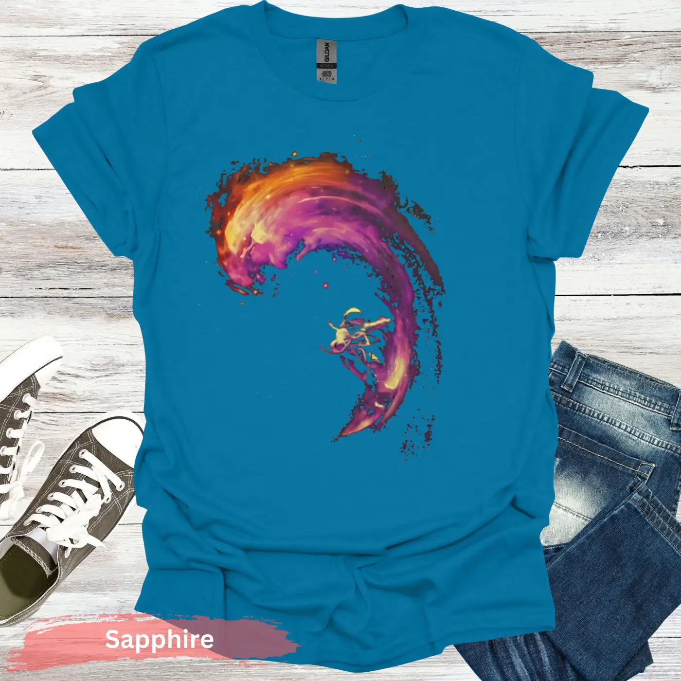 Abstract Wave & Humanoid T-Shirt - S / Sapphire - Physical Item